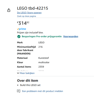 LEGO Technic 42215 Volvo EC500 Hybrid graafmachine voor €314,82 via Amazon
