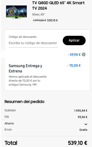 TV Samsung TQ65Q80DATXXC 65" QLED UltraHD 4K 100Hz Quantum HDR10+ por 539,10€