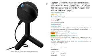 Logitech G Yeti Orb, micrófono condensador RGB con LIGHTSYNC por 40€