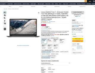Lenovo IdeaPad 1 Gen 7 Portátil 15.6" FHD AMD Ryzen 5 7520U 16GB RAM 512GB SSD por 399€