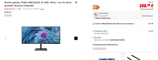 Monitor gaming Philips 346E2LAE/00, 34" QHD, 100 Hz, 1 ms por 230,58€