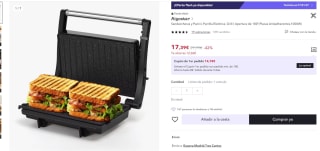 Sandwichera y Panini, Parrilla Eléctrica, Grill ( Apertura de 180º,Placas Antiadherentes,1000W) por 17,39€ (cuenta nueva 10,43€)