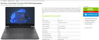HP Victus 15-fa1015nd 15.6 Core i5 RTX 2050 Gaming laptop voor €699 bij Megekko