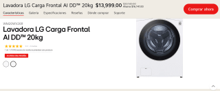 Lavadora LG Carga Frontal 20kg por $13,299 con cupón