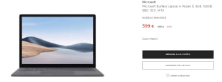 Microsoft Surface Laptop 4, 8GB+128GB SSD, Ryzen 5, 13,5", W10 por 599€
