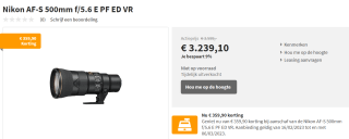 Nikon AF-S Nikkor 500mm f/5.6E PF ED VR voor €3.239,10 bij Art & Craft