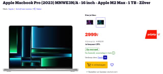 Apple Macbook Pro 2023 16" M2 Max 12 Core, 38‑core GPU, 32GB ram, 1TB ssd, Qwerty, Zilver voor €2999 bij Bol.com