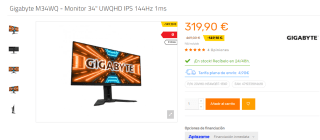 Gigabyte M34WQ Monitor 34" UWQHD IPS 144Hz 1ms por 319,90€