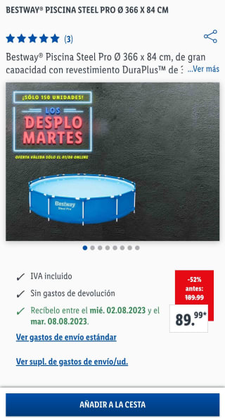 Bestway Piscina Steel Pro 366 x 84cm, de gran capacidad con revestimiento DuraPlus por 89,99€