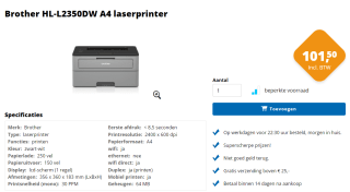 WiFi Laserprinter Brother HL-L2350DW A4 (zwart wit) voor €97,50 bij 123inkt