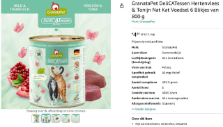 6x 800g natte kattenvoeding GranataPet DeliCATessen (hert & tonijn) voor €4,89