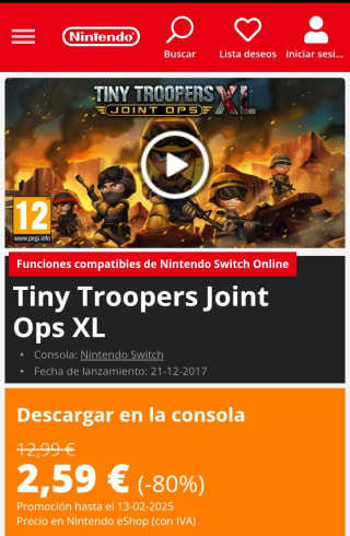 Tiny Troopers Joint Ops XL Nintendo Switch por 2,59€.