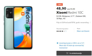 Xiaomi Redmi 10C - 3GB RAM - 64GB - Mint Groen voor €48.90 bij Galaxus
