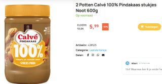 2 potten Calvé 100% pindakaas met stukjes 600g voor €5,99 bij Butlon