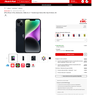 iPhone Apple 14 Plus Medianoche 128GB 5G, 6.7" por 891€