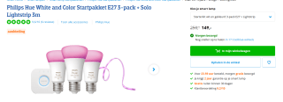 Philips Hue White and Color Startpakket E27 3-pack + Solo Lightstrip 3m voor €149 bij Coolblue