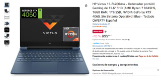 HP Victus 15-fb2004ns portátil Gaming de 15.6" FHD AMD Ryzen 7 8845HS, 16GB RAM, 1TB SSD, NVIDIA GeForce RTX 4060 por 899,99€