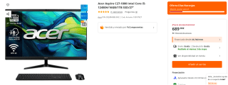 Ordenador Acer Aspire C27-1800 Intel Core i5-12450H/16GB/1TB SSD/27" por 689€