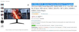 Monitor Gaming LG 38GL950G-B UltraGear 37.5 pulgadas por 1197,07€