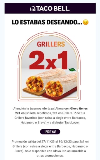 2×1 en Grillers de Taco Bell desde Glovo.