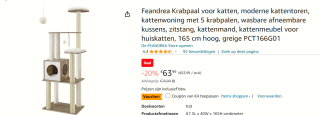 Feandrea Houten Krabpaal 165cm hoog voor €59,99 bij Amazon