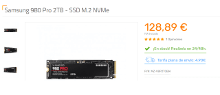 Disco Duro SSD Samsung 980 Pro 2TB M.2 NVMe por 128.89€