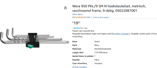 WERA 950/9 Hex-Plus 1 stiftsleutelset metrisch verchroomd 9-delig voor €19,99 bij Amazon