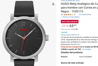 Reloj Hugo, analógico para hombre de cuarzo con correa de piel, en negro por 63,99€