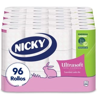 Nicky Ultrasoft Papel Higiénico 96 rollos por 22,60€.