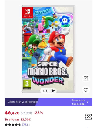 Super Mario Bros. Wonder Nintendo Switch por 32,54€.