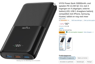 VIYISI Power Bank 30000mAh, snel opladen PD 22,5W QC 3.0 voor €27,74 bij Amazon
