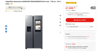 Frigorífico americano Samsung Family Hub RS6HDG883ES9EF, Twin Cooling Plus, 178 cm, 614 l por 1.499€
