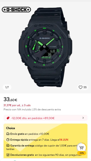 Reloj analógico digital G-SHOCK TREND GA-2100-1A3ER 49 mm NEGRO marca Casio por 33,60€ (32,93 con monedas)