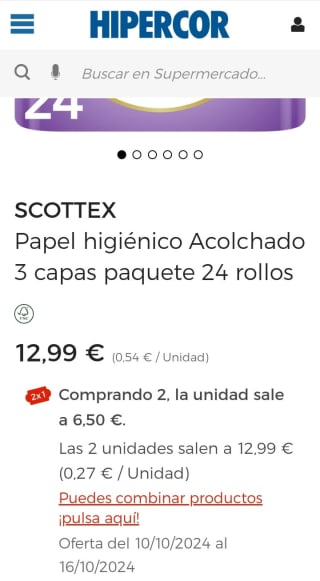 Pack de 2×24 Roll9s Papel Higiénico 3 capas Scottex por 19,49€.
