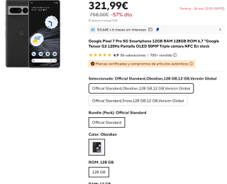 Google Pixel 7 Pro 5G 12GB RAM 128GB por 321,99€