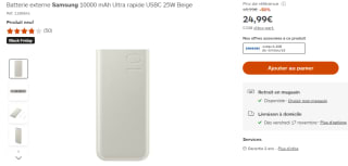 Batterie externe Samsung 10000 mAh Ultra rapide USBC 25W Beige à 24,99€