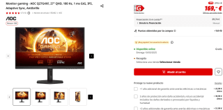 Monitor gaming AOC Q27G4XF, 27" QHD, 180 Hz, 1 ms GtG, IPS, Adaptive Sync por 169€
