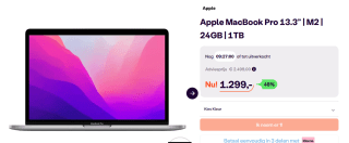 Apple MacBook Pro 13.3” M2 24GB 1TB voor €1.299 bij Ibood