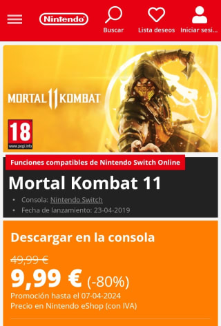 Mortal Kombat 11 Nintendo Switch por 9,99€.