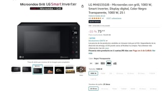 Microondas con grill, 1000 W, Smart Inverter 25l marca LG MH6535GIB por 75,05€