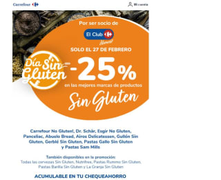 Vuelve acumula en cheque ahorro 25% en productos sin gluten desde Carrefour