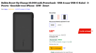 Belkin Powerbank BoostCharge 3-poorts 10.000mAh Zwart voor €12,64 bij Bol