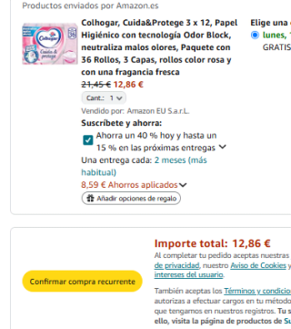36 rollos Colhogar 3 capas, Cuida&Protege Papel Higiénico Odor Block por 12,86€