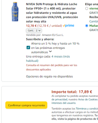 2 cremas Nivea Sun Protege & Hidrata Leche Solar FP50+ total 800ml por 17,89€