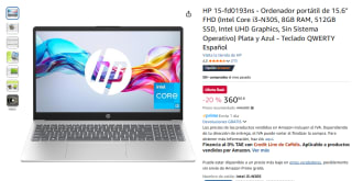 HP 15-fd0193ns Intel Core i3-N305, 8GB RAM, 512GB SSD, Intel UHD Graphics, Sin Sistema Operativo por 360,90€
