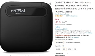 Crucial X6 1TB SSD Portátil por 73,99€