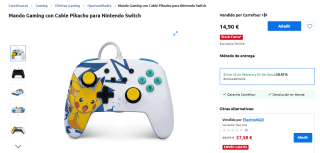 Power A Mando con cable mejorado para Nintendo Switch Pikachu High Voltaje por 9,90€