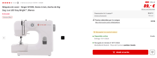 Máquina de Coser Semiautomática M1005 (Blanca) SINGER por 89€