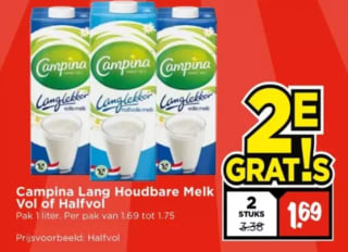Campina houdbare vol of half volle melk 1+1 gratis bij Vomar