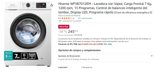 Lavadora Hisense WFVB7012EM, 7 Kg, Carga Frontal, 1200 rpm, Eficiencia D - por 245.65€